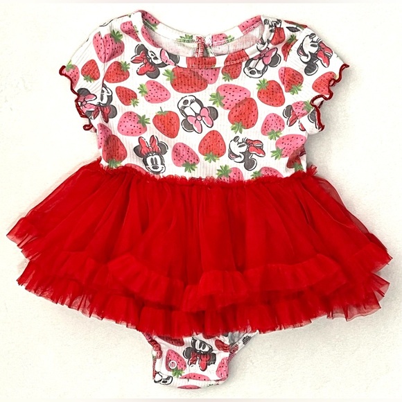 Disney Other - Disney Baby Minnie Mouse White & Pink Knit Fabric Outfit w Red Tulle Skirt Dress